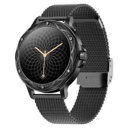 CF12 Steel Strap Wristband for Daily Fitness and Sleep Monitoring - black stainless mesh band smartwatch showing analog-style display