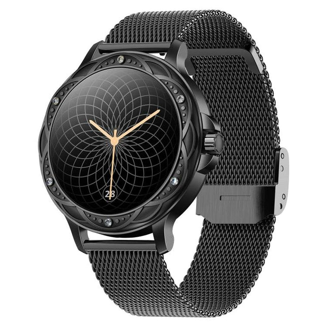 CF12 Steel Strap Wristband for Daily Fitness and Sleep Monitoring - black stainless mesh band smartwatch showing analog-style display