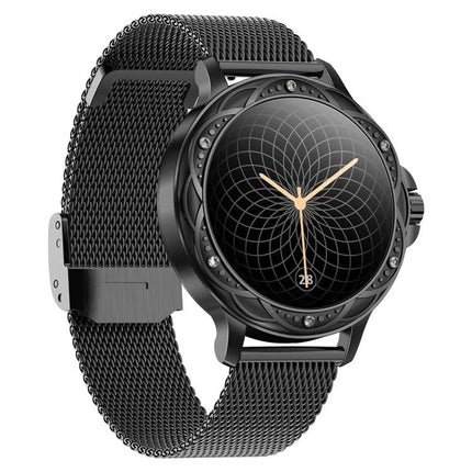 CF12 Steel Strap Wristband for Daily Fitness and Sleep Monitoring in sleek black mesh band showing round touchscreen and sleep tracking face