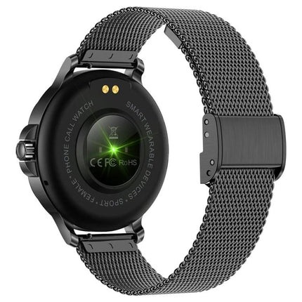 CF12 Steel Strap Wristband for Daily Fitness and Sleep Monitoring showing black steel mesh band and rear sensor for activity and sleep tracking
