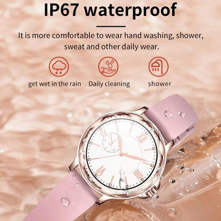 CF12 Steel Strap Wristband for Daily Fitness and Sleep Monitoring showing pink waterproof strap and watch face with IP67 water resistance