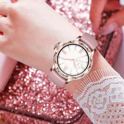 CF12 Steel Strap Wristband for Daily Fitness and Sleep Monitoring on wrist, rose gold case with pink steel strap showing time and health tracking style