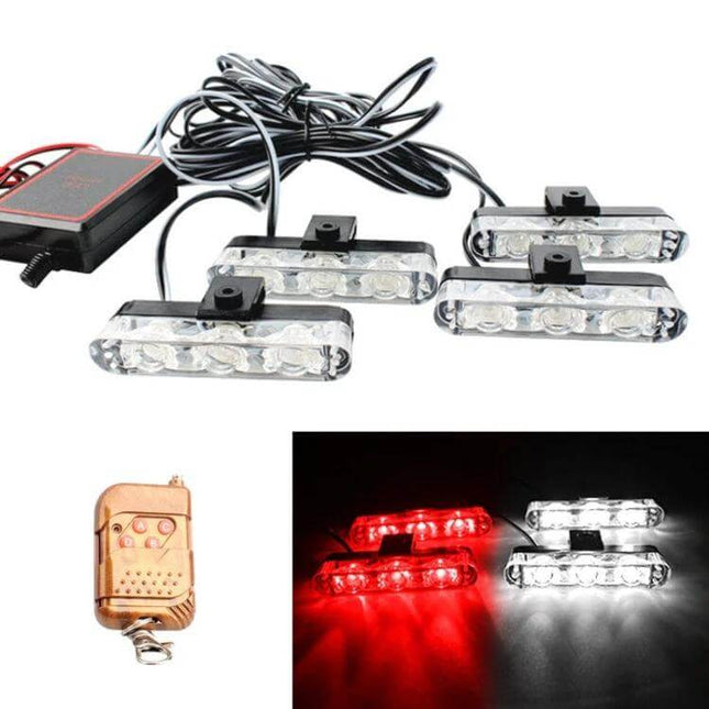 4 In 1 Car Grille LED Lights With Wireless Remote Control - 4 compact 3-LED clusters, 6500K cool white, remote-controlled grille lighting kit for 12V vehicles
