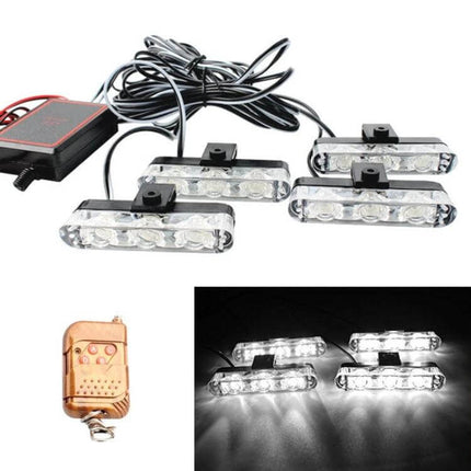4 In 1 Car Grille LED Lights With Wireless Remote Control - compact 12V grille LED kit with four 3-LED clusters, 6500K cool white and wireless remote