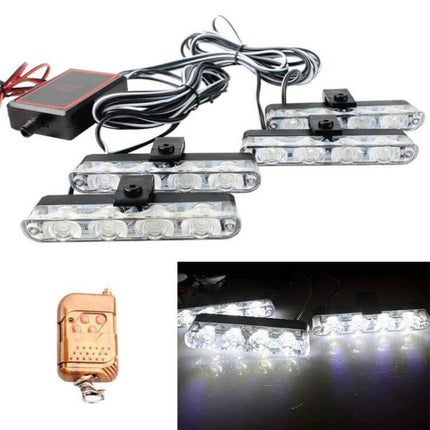 Car Grille LED Warning Lights 4in1 With Wireless Remote mounted grille kit with four PS+ABS LED modules and remote, 12V roadside visibility
