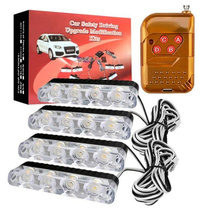 Car Grille LED Warning Lights 4in1 With Wireless Remote mounted grille LED kit with remote, 4 light bars, PS+ABS, stick-on installation for 12V vehicles