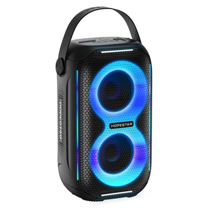 HOPESTAR Portable Wireless Speaker For Picnics And Home showing black portable speaker with blue LED rings and carry handle