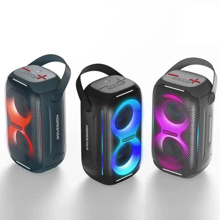 HOPESTAR Portable Wireless Speaker For Picnics And Home showing three portable speakers with colorful LED rings