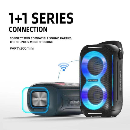 HOPESTAR Portable Wireless Speaker For Picnics And Home showing two connected speakers with blue LED rings and wireless icon
