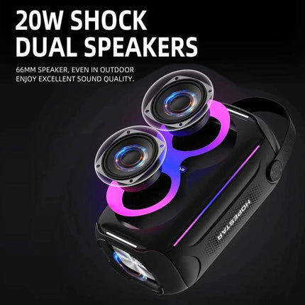 HOPESTAR Portable Wireless Speaker For Picnics And Home showing compact black 20W dual speaker with LED rings for outdoor picnics