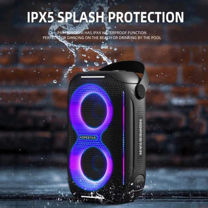 HOPESTAR Portable Wireless Speaker For Picnics And Home shown with IPX5 splash protection, RGB lights and portable handle