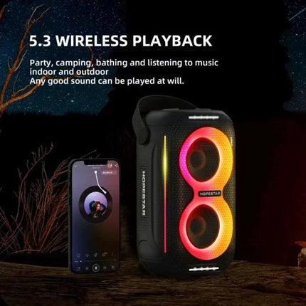 HOPESTAR Portable Wireless Speaker For Picnics And Home shown with multicolor LED dual drivers and phone for 5.3m wireless playback