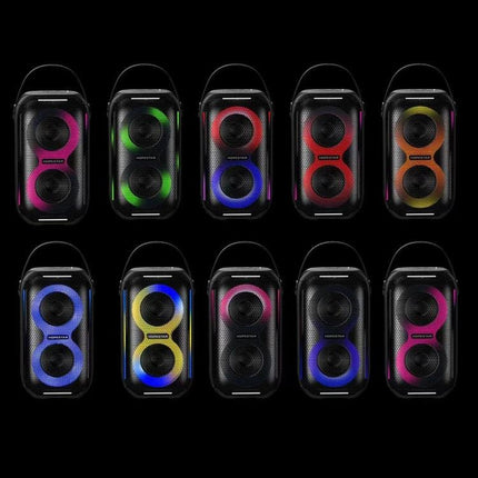HOPESTAR Portable Wireless Speaker For Picnics And Home showing ten colorful LED-lit portable speakers arranged in rows