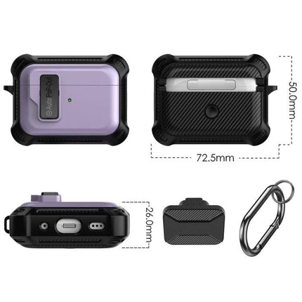 Signal Flag Case for AirPods in Daily Travel and Use rugged protective case with carabiner, black frame and purple inner shell, compact dimensions