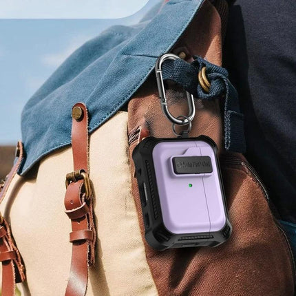 Signal Flag Case for AirPods in Daily Travel and Use attached to backpack with carabiner showing durable protective design