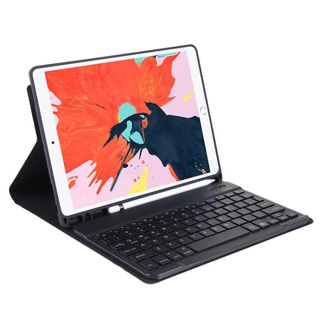 Bluetooth Keyboard Case for 11-Inch iPad with Stand showing black wireless keyboard and foldable stand holding tablet at typing angle