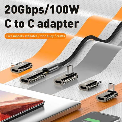 Zinc Alloy Type-C to Type-C Adapter for Charging and Data Transfer showing multiple 20Gbps/100W right-angle and straight zinc alloy adapters with laptop and phone