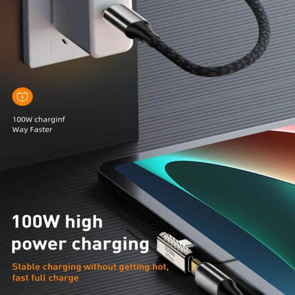 Zinc Alloy Type-C to Type-C Adapter for Charging and Data Transfer connected to laptop showing 100W high power charging and braided cable