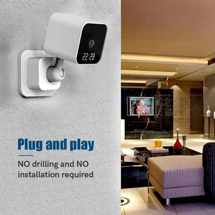 WiFi Clock Camera with Two-Way Audio for Home Monitoring mounted on wall showing plug-and-play living room surveillance, two-way audio and 200W camera