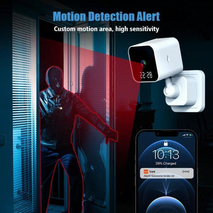 WiFi Clock Camera with Two-Way Audio for Home Monitoring showing motion detection alert, discreet clock camera monitoring a break-in with mobile app notification