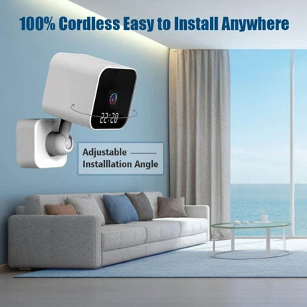 WiFi Clock Camera with Two-Way Audio for Home Monitoring discreet clock-style camera in living room, two-way audio, mobile app monitoring, adjustable angle