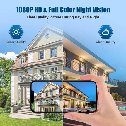 WiFi Clock Camera with Two-Way Audio for Home Monitoring showing 1080P HD full color day and night view on mobile app