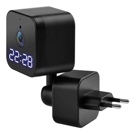 WiFi Clock Camera with Two-Way Audio for Home Monitoring discreet black clock camera with LED time display and plug-in power adapter