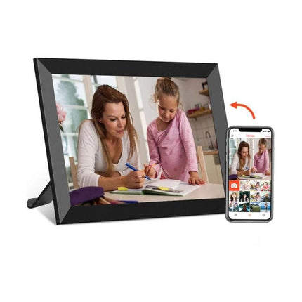 10.1 Inch WiFi Digital Photo Frame with IPS Display for Sharing Photos showing family photo and smartphone app for remote photo sharing