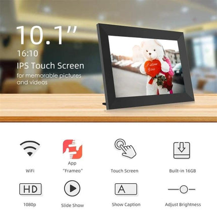 10.1 Inch WiFi Digital Photo Frame with IPS Display for Sharing Photos - 10.1" IPS WiFi frame showing family photo, touch screen, app support, 16GB