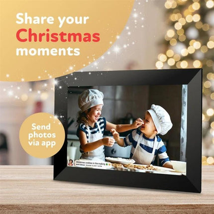 10.1 Inch WiFi Digital Photo Frame with IPS Display for Sharing Photos showing children sharing Christmas baking photos sent via companion app