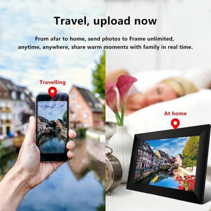 10.1 Inch WiFi Digital Photo Frame with IPS Display for Sharing Photos showing travel photo sent from smartphone to frame at home