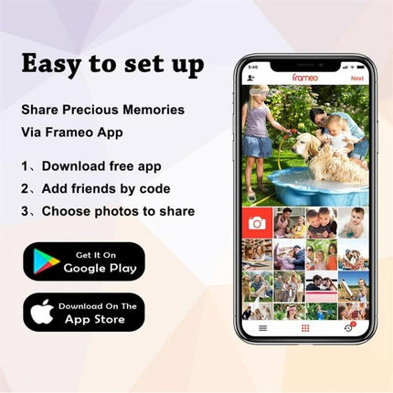 10.1 Inch WiFi Digital Photo Frame with IPS Display for Sharing Photos showing smartphone app instructions to download Frameo and share photos