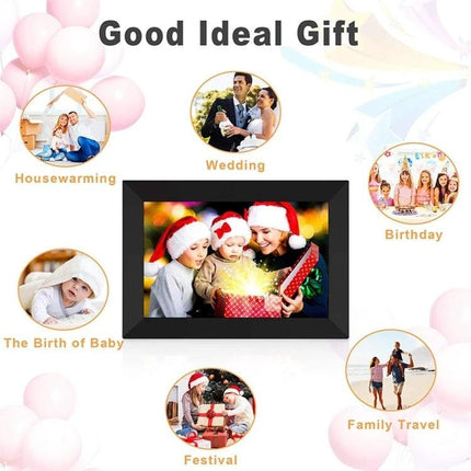 10.1 Inch WiFi Digital Photo Frame with IPS Display for Sharing Photos showing family holiday photos as a gift idea for birthdays, weddings, and baby showers