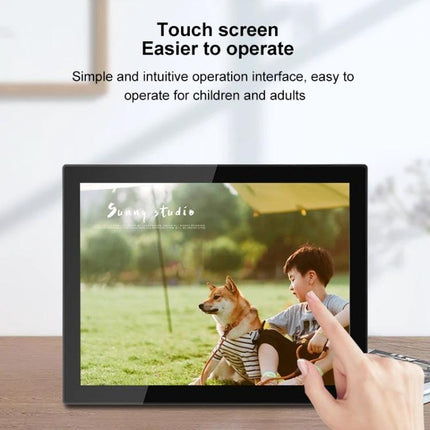 15-Inch WiFi Digital Photo Frame for Cloud Photo Sharing showing touch-screen frame displaying a child and dog photo on desk