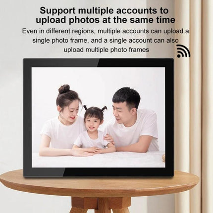 15-Inch WiFi Digital Photo Frame for Cloud Photo Sharing showing family photo on HD screen on table