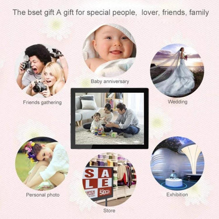 15-Inch WiFi Digital Photo Frame for Cloud Photo Sharing showing family moments, baby anniversary, wedding, friends gathering, personal photos, store and exhibition use
