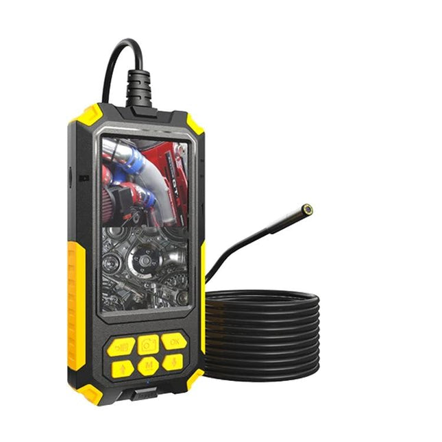 Dual Camera Endoscope with Built-in Screen for Inspections handheld unit showing engine inspection on screen and flexible probe coiled beside it
