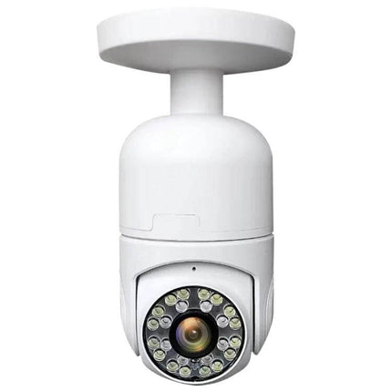 Wireless Indoor PTZ Surveillance Camera for Home Monitoring with Multiple Plugs white ceiling-mounted PTZ camera showing lens and IR LEDs