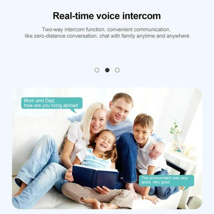 Wireless Indoor PTZ Surveillance Camera for Home Monitoring with Multiple Plugs showing family using real-time two-way voice intercom to check on children and pets