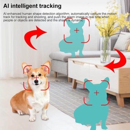 Wireless Indoor PTZ Surveillance Camera for Home Monitoring with Multiple Plugs showing AI tracking a pet in a living room