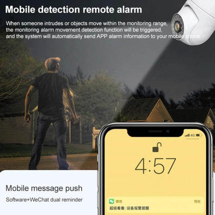 Wireless Indoor PTZ Surveillance Camera for Home Monitoring with Multiple Plugs showing mobile detection alert and live app feed on smartphone