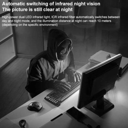 Wireless Indoor PTZ Surveillance Camera for Home Monitoring with Multiple Plugs showing night vision monitoring an intruder at a computer