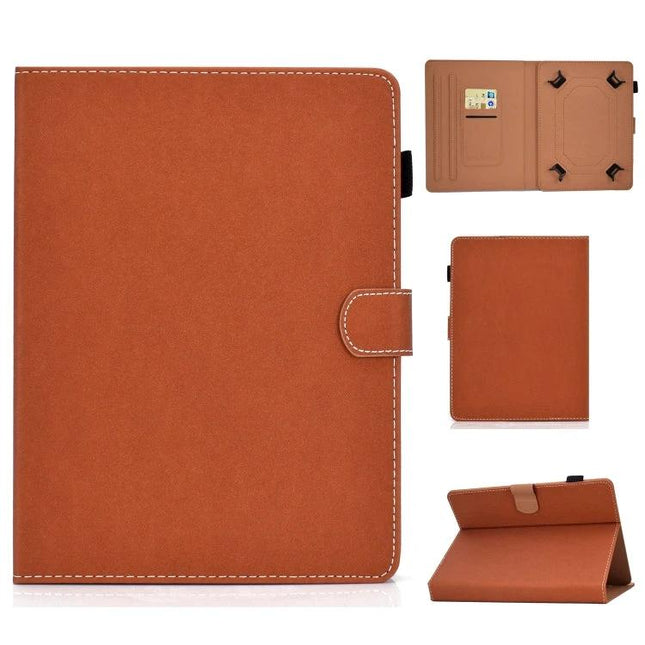 Solid Color Universal Leather Flip Case for 7-10 Inch Tablets in brown with magnetic clasp, card slot and foldable stand