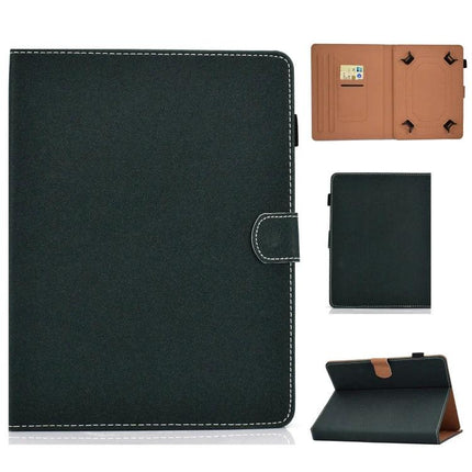 Solid Color Universal Leather Flip Case for 7-10 Inch Tablets in black with stitched edge, card pocket, stand and secure snap closure