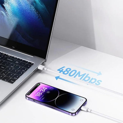 USAMS Charging Cable for Everyday Device and Phone Use showing fast 480Mbps data transfer between laptop and smartphone