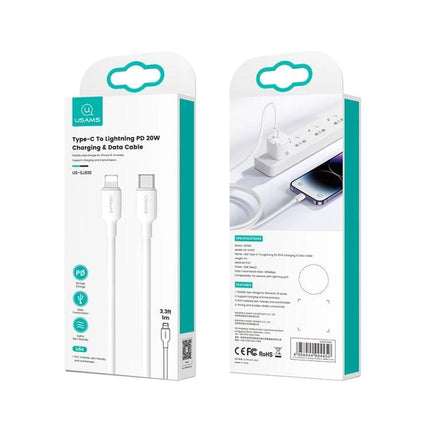 USAMS Charging Cable for Everyday Device and Phone Use - white Type-C to Lightning PD 20W charging & data cable packaging, 3.3ft
