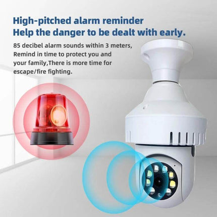 WiFi Smoke Alarm Camera for Discreet Home Security Monitoring showing white ceiling detector camera with alarm icon and HD lens