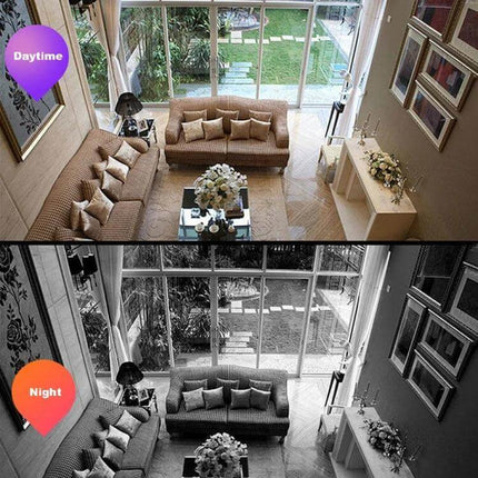 WiFi Smoke Alarm Camera for Discreet Home Security Monitoring capturing daytime and night living room surveillance from ceiling-mounted detector