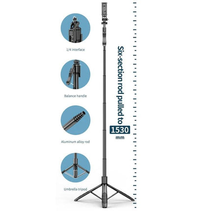 Foldable Selfie Stick Tripod for Everyday Travel Photos - compact six-section aluminum alloy rod with umbrella tripod and balance handle, extends to 1530 mm