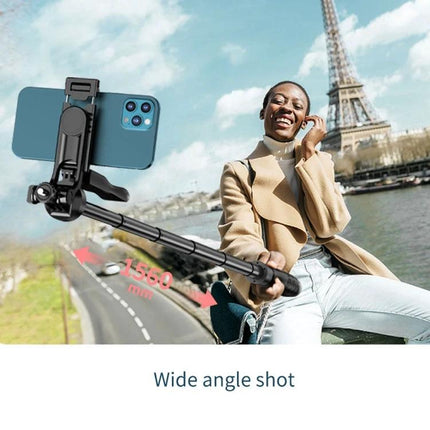 Foldable Selfie Stick Tripod for Everyday Travel Photos - woman taking wide-angle selfie near Eiffel Tower with extended travel selfie tripod